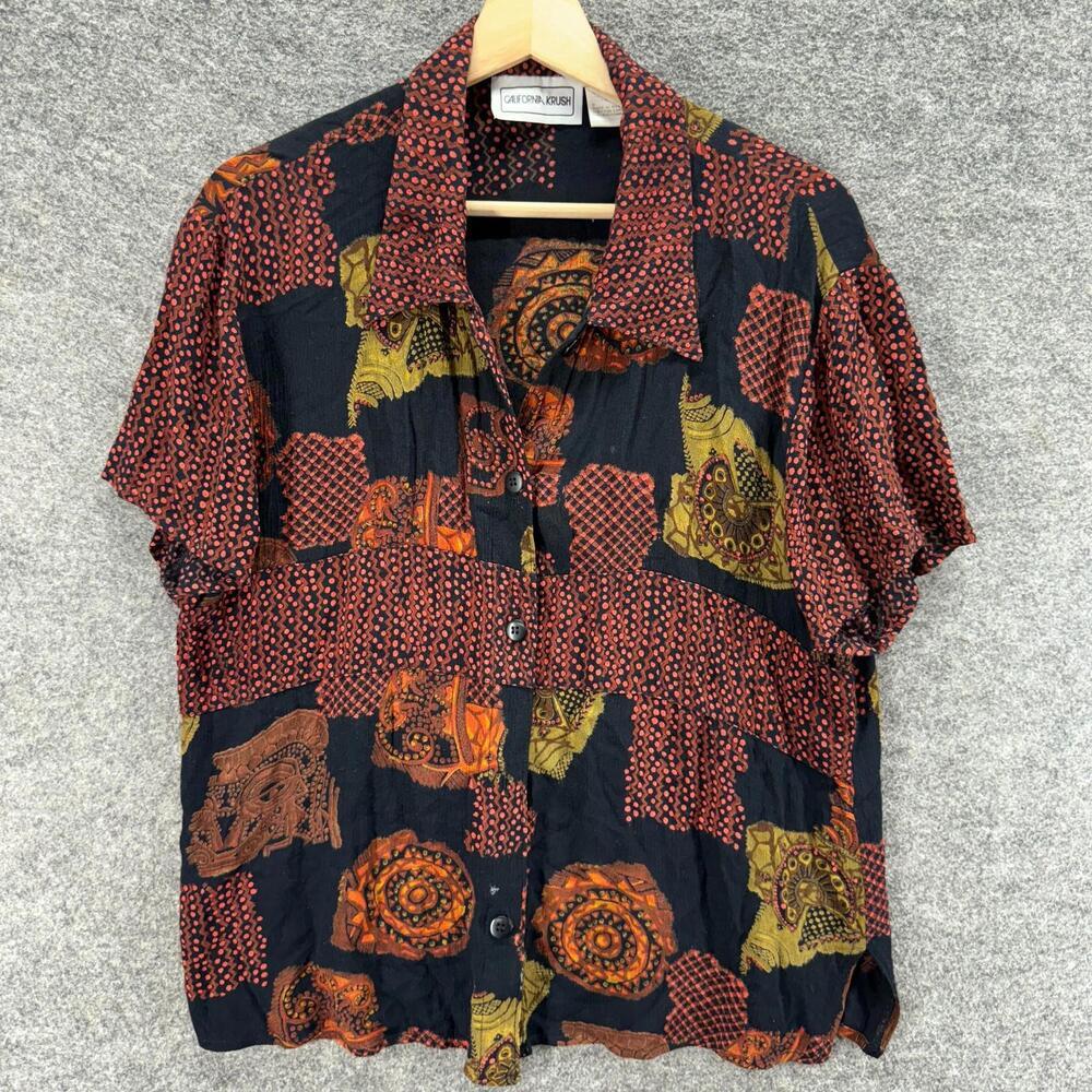 California Krush Shirt Women M Medium Red Geometric Button Up Collared Rayon